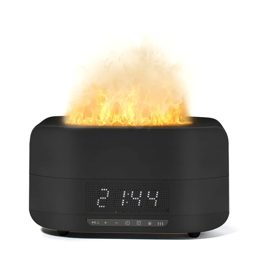 Essential Oil Diffuser Black, 400ML Flame Aroma Humidifier with Bluetooth Speaker & Clock