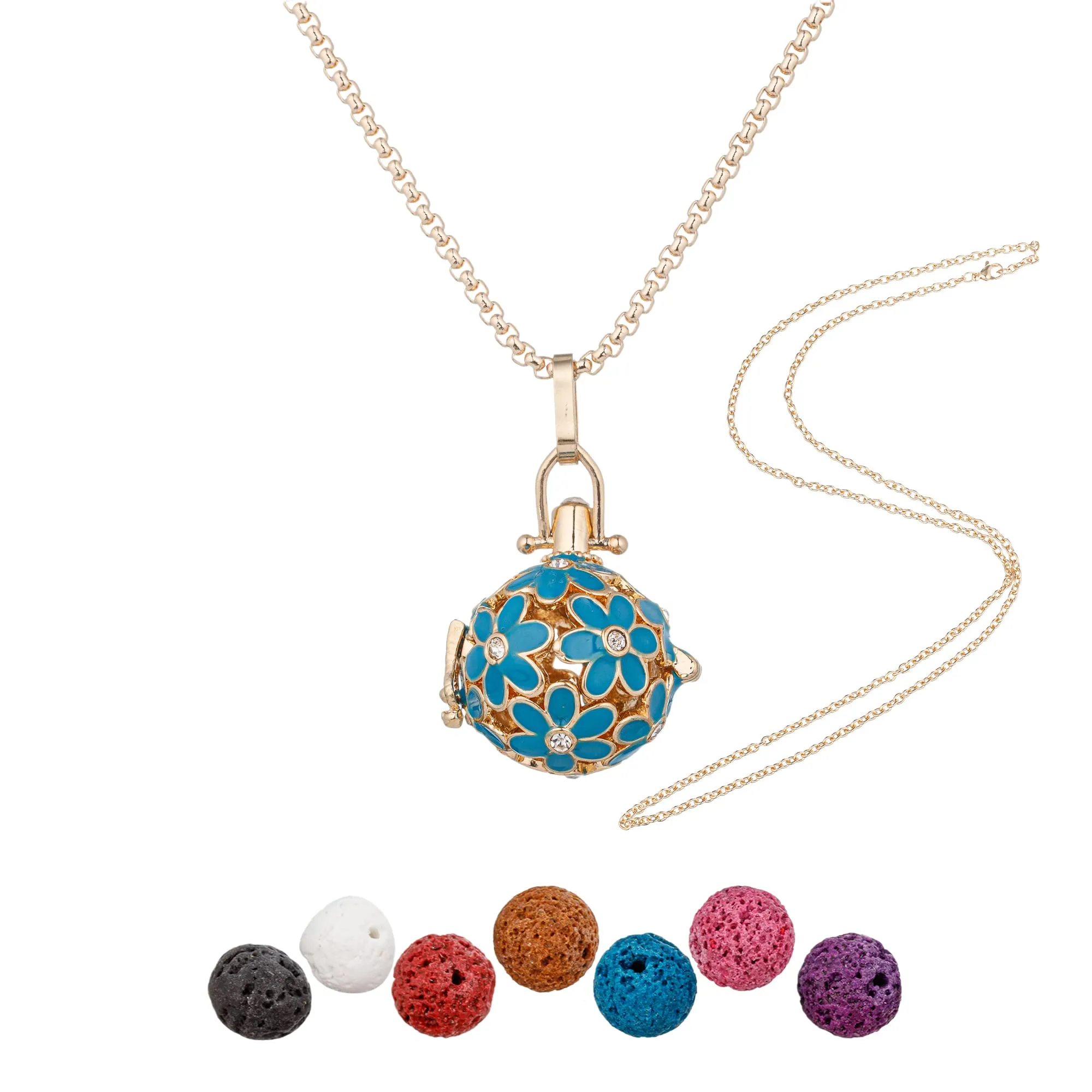 Essential Oil Diffuser Necklace - Blue Chrysanthemum Pendant with Rhinestones & 7 Lava Rocks