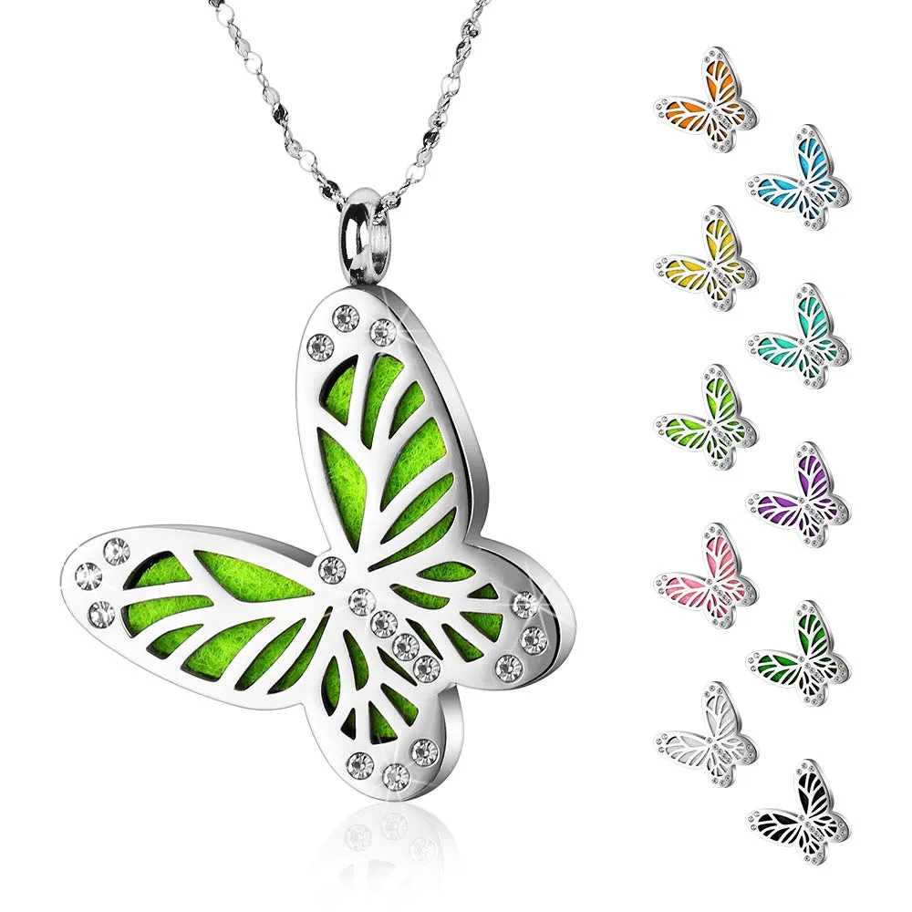 Essential Oil Diffuser Necklace Butterfly Zircon Stainless Steel Aromatherapy Pendant Locket