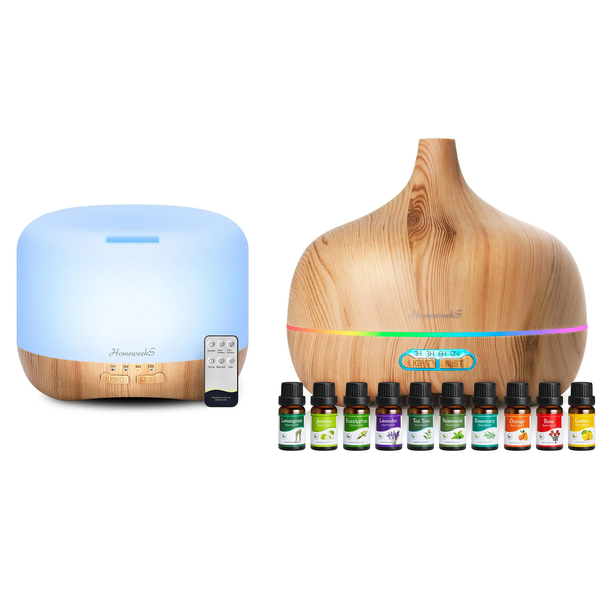 Essential Oil Diffuser Set - 300ml & 550ml Aromatherapy Diffusers with 10 Essential Oils