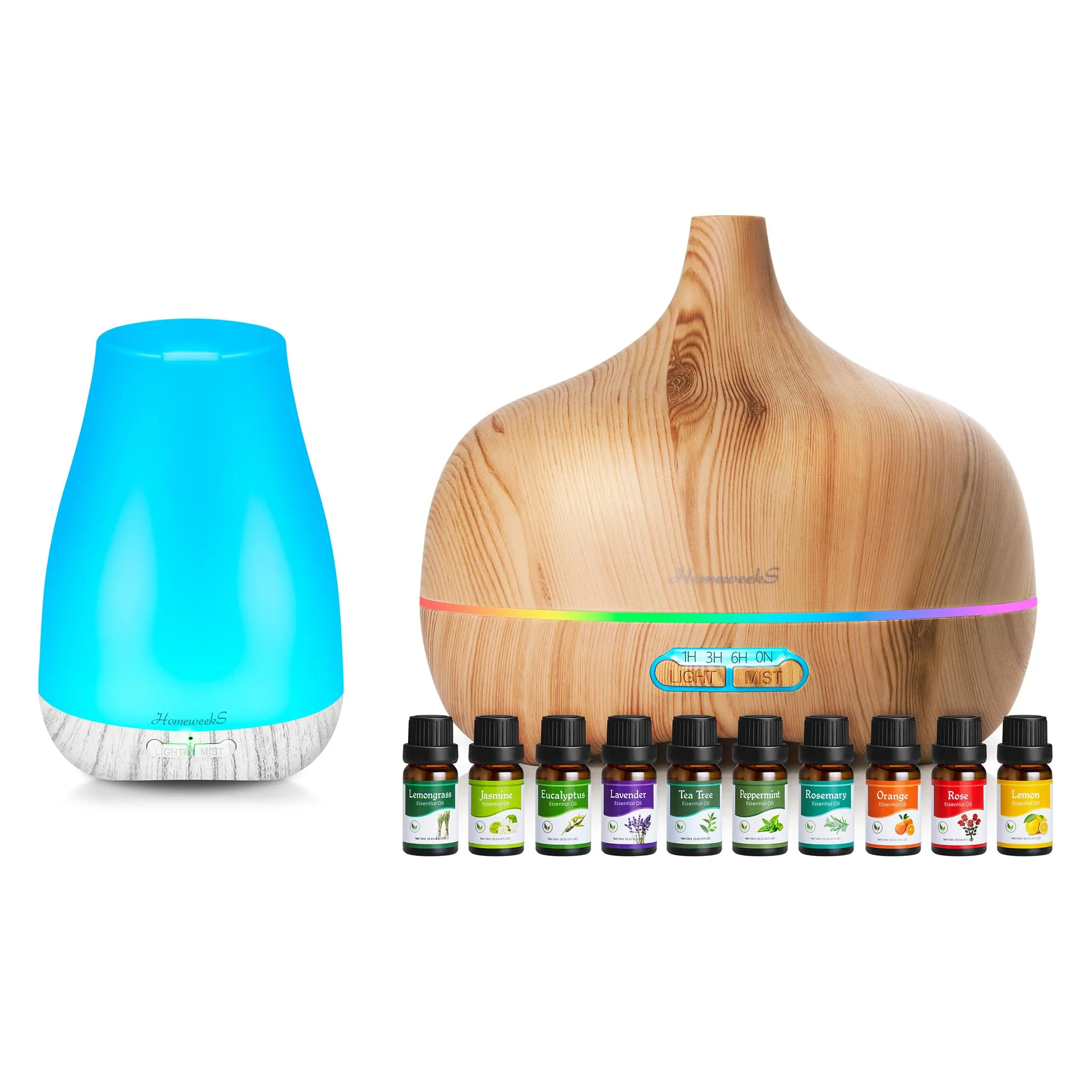 Essential Oil Diffuser Set with 100ml Wood Base, 550ml Diffuser & 10 Aromatherapy Oils