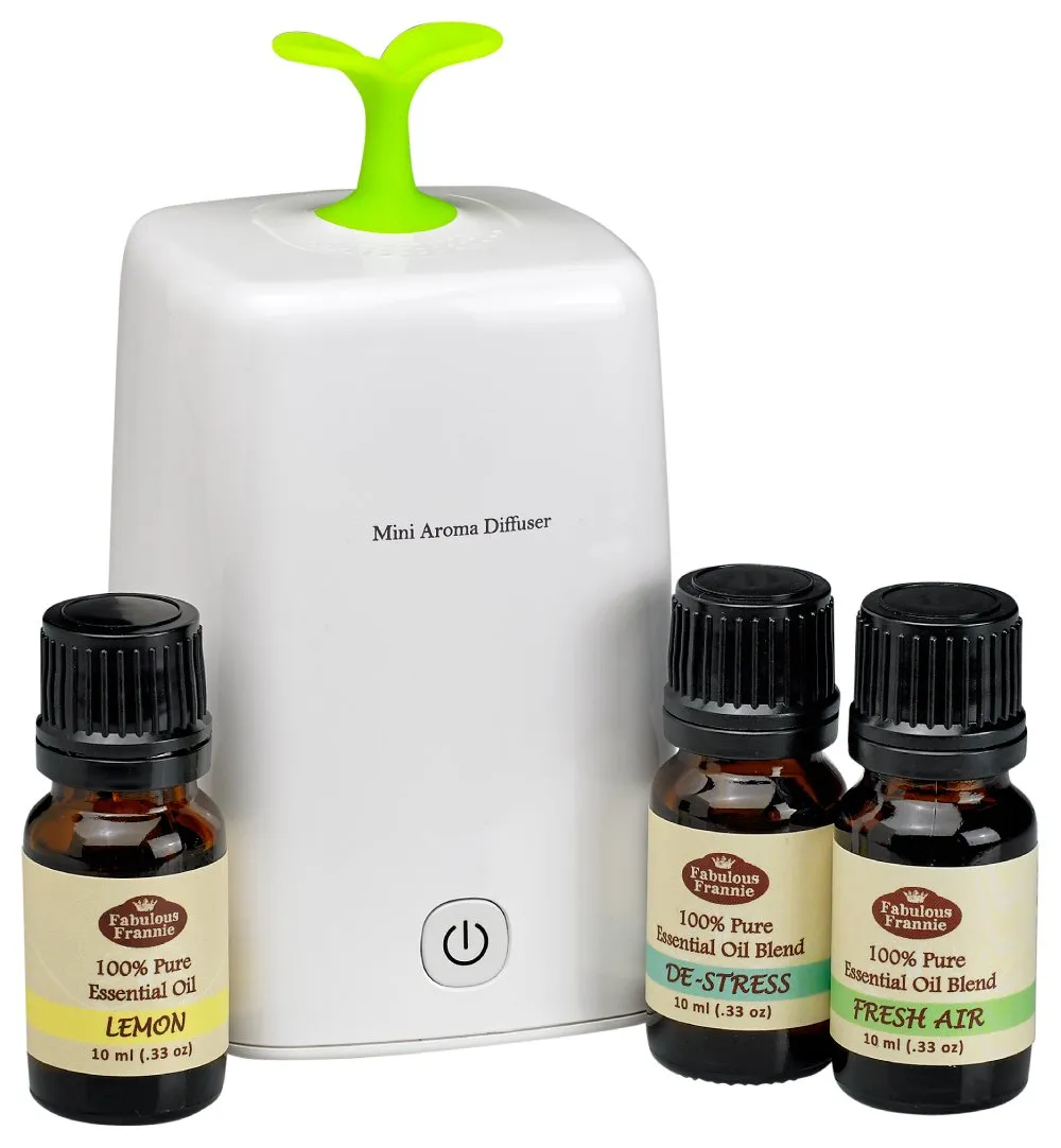 Fabulous Frannie Nebulizing Aromatherapy Diffuser Set with Lemon, De-stress & Fresh Air Oils