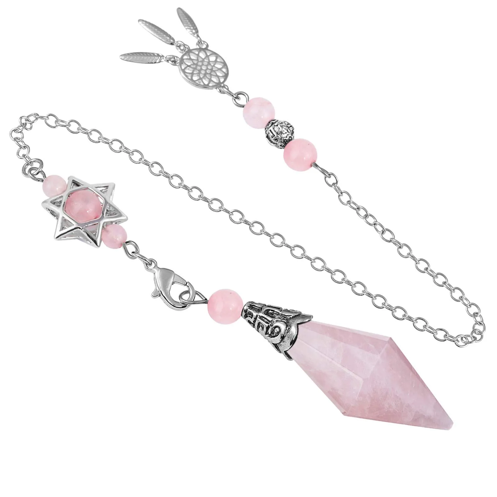 Faceted Healing Crystal Point Pendulum with Merkaba Star & Dream Catcher, Rose Quartz, 11.81'