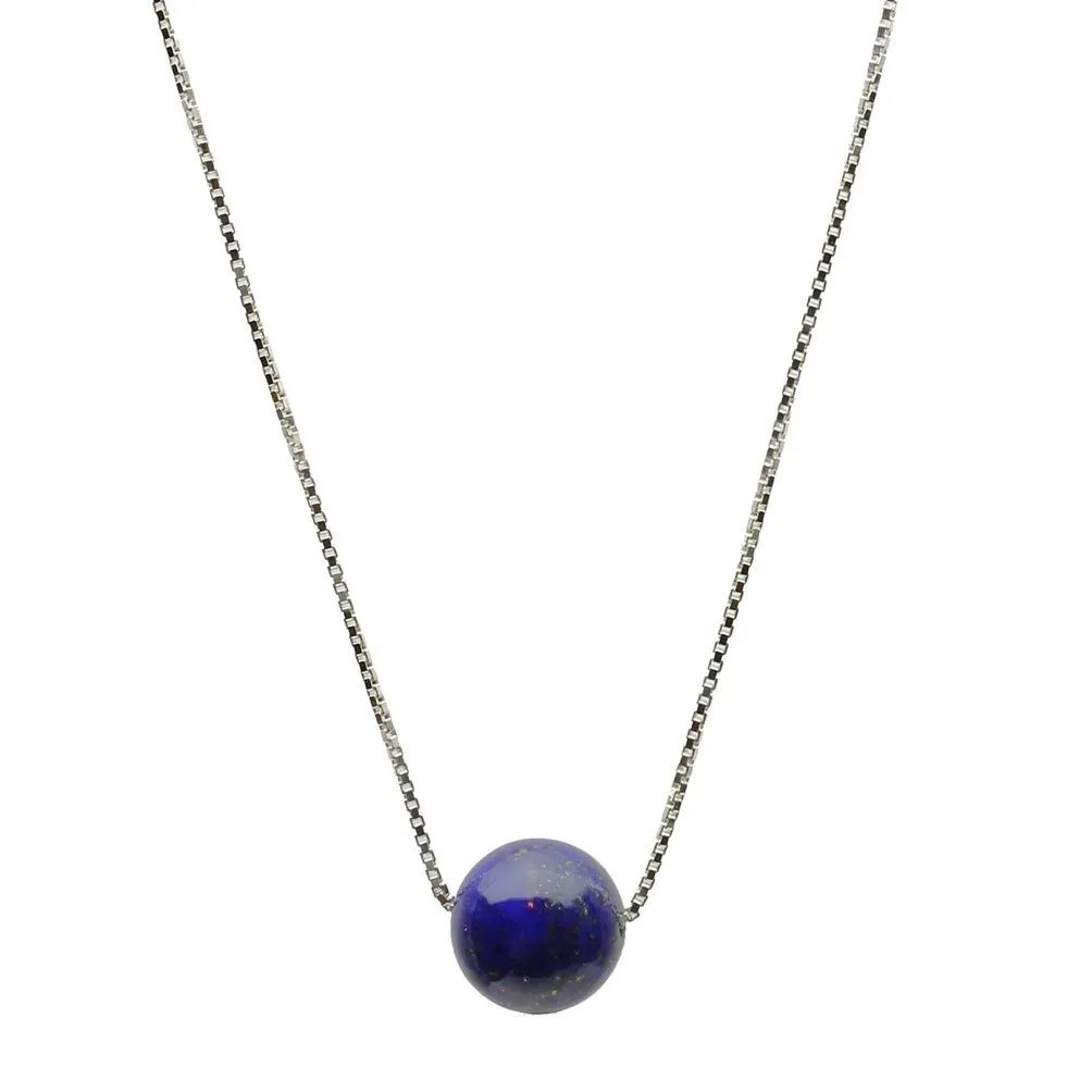 Floating Round 10mm Blue Lapis Stone Necklace with Sterling Silver Box Chain, Adjustable