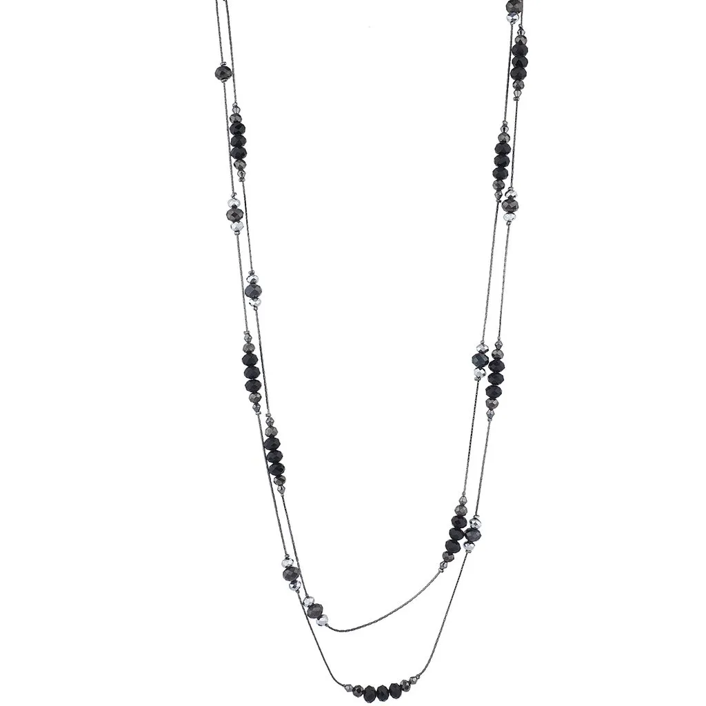 Gem Tone Black Beaded Double Row Long Necklace by LUX ACCESSORIES