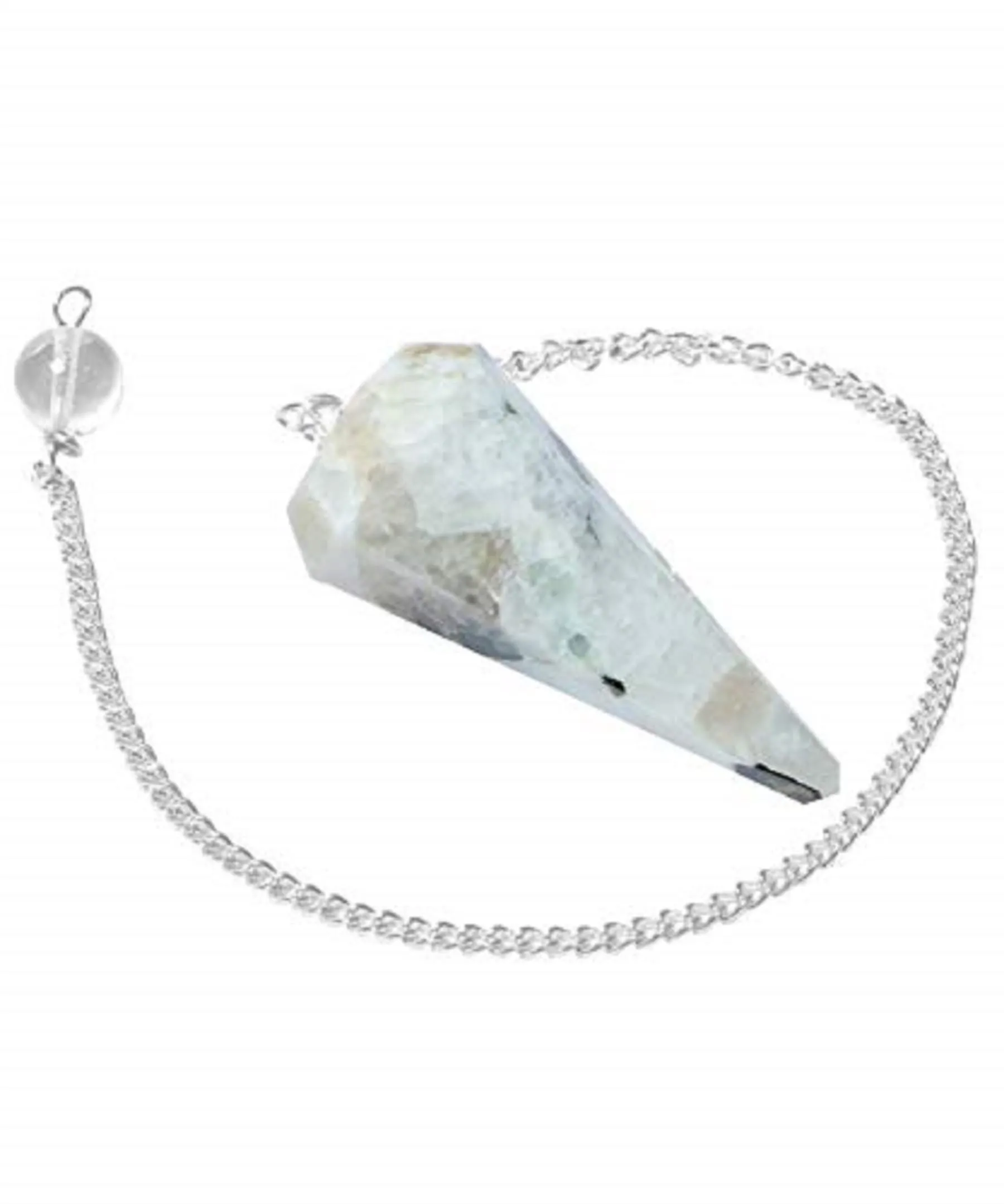 Gemstone Faceted Rainbow Moonstone Pendulum with Silver Chain - Crystal Healing Dowsing Tool