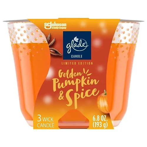 Glade Golden Pumpkin & Spice 3-Wick Candle, Essential Oils Infused Air Freshener, 6.8 Oz