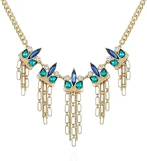 Gold-Tone Statement Necklace with Blue Stones and Metal Chain Fringe