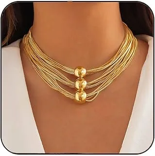 Gold Bib Choker Necklace - Statement Chunky Layered Jewelry for Women