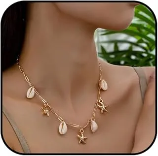 Gold Shell Necklace with Starfish Pendant and Chunky Paperclip Chain for Women