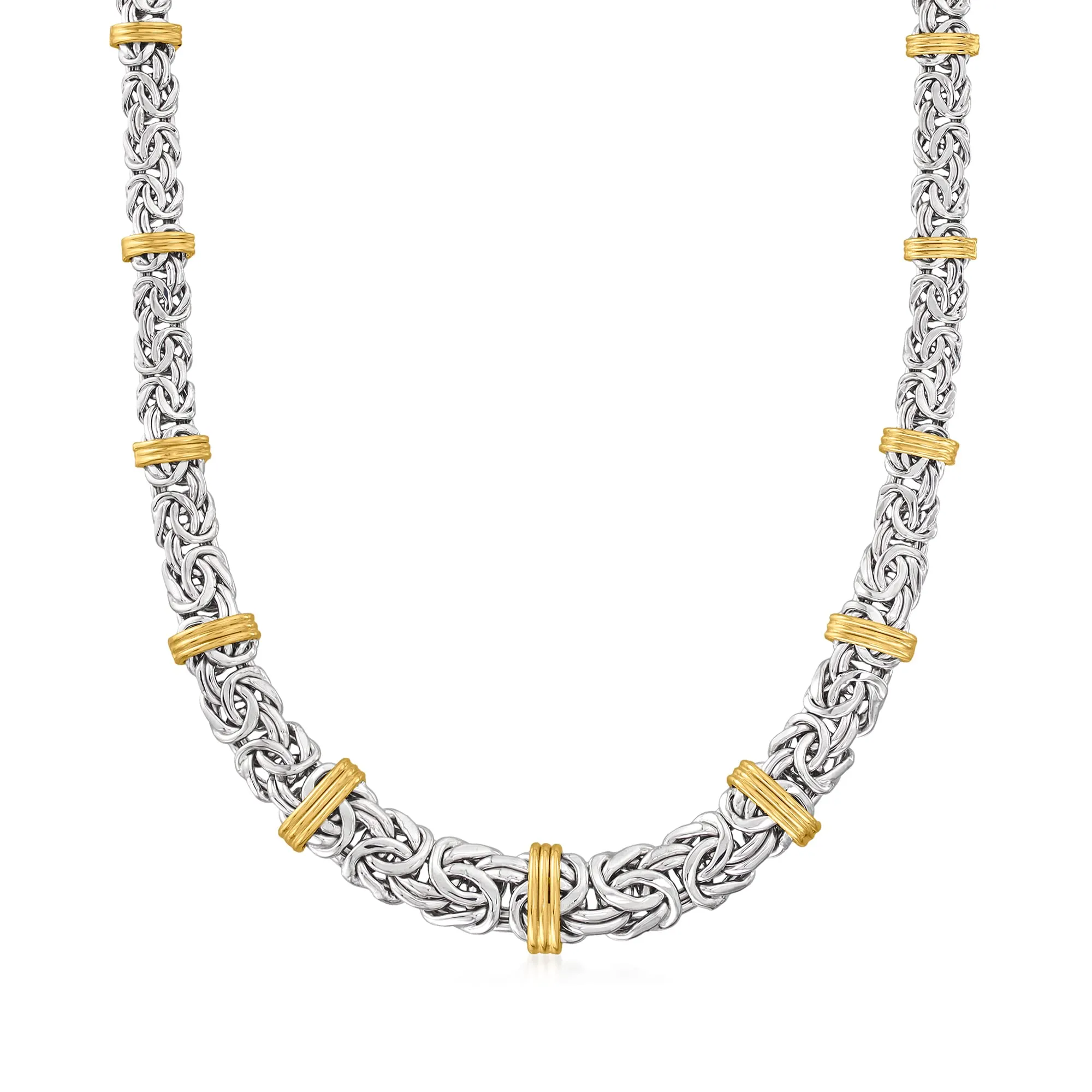 Graduated Byzantine Necklace in Sterling Silver & 14kt Yellow Gold, 1/4' to 1/2' Wide