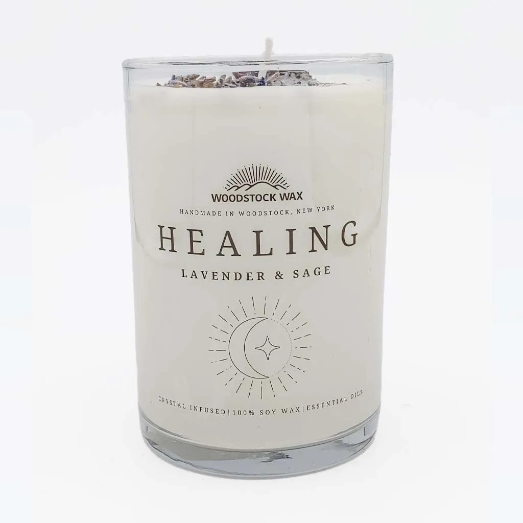 Handmade Healing Aromatherapy Lavender & Sage Soy Wax Candle with Amethyst Gemstone