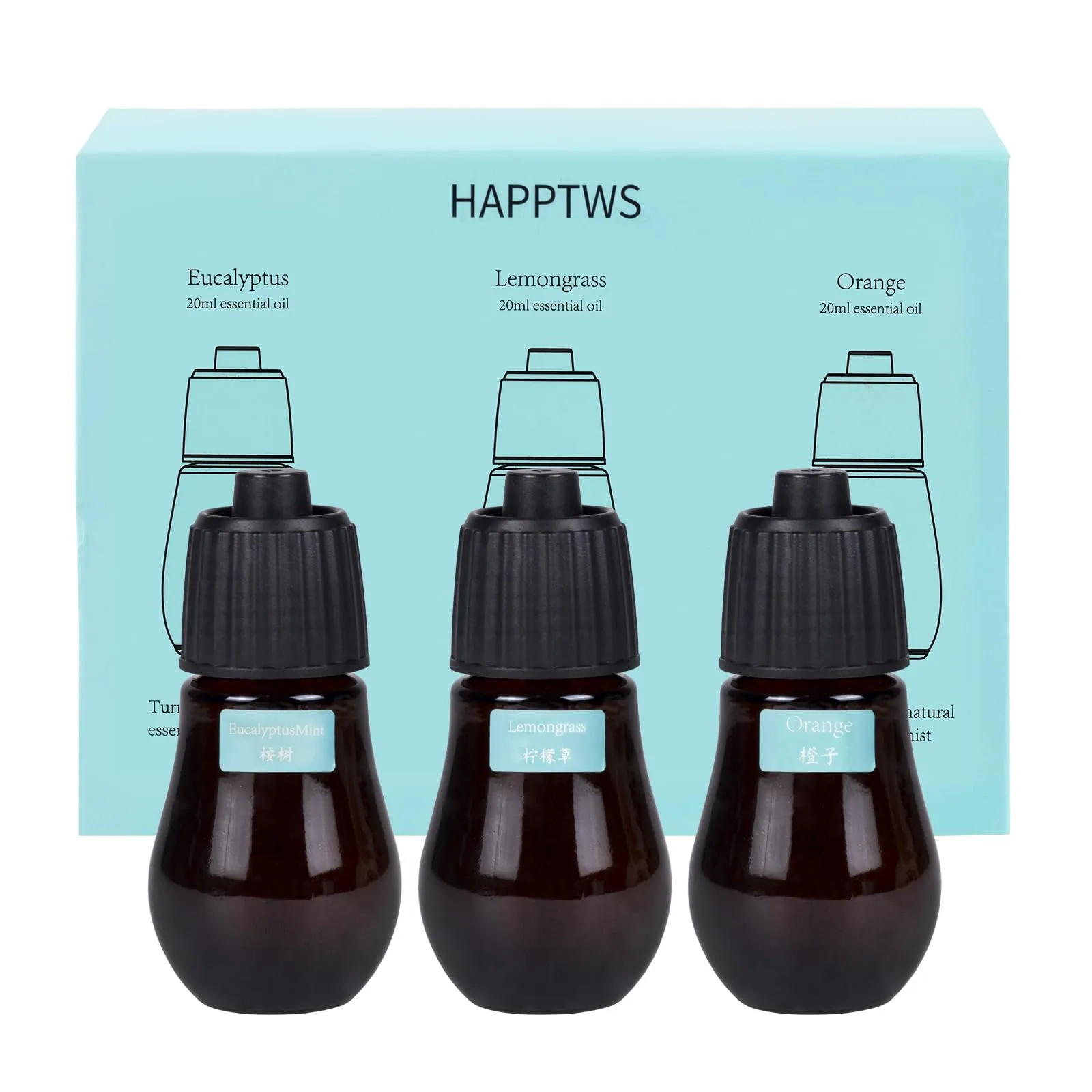 HAPPTWS Aromatherapy Essential Oil Set - 3-Piece Eucalyptus, Lemongrass & Orange Fragrance