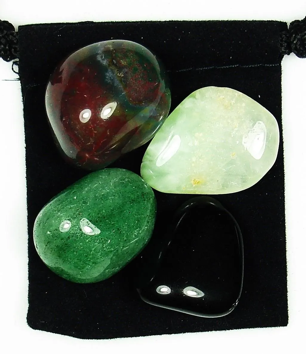 Healer Tumbled Crystal Healing Set - Aventurine, Bloodstone, Obsidian, Prehnite with Pouch & Card