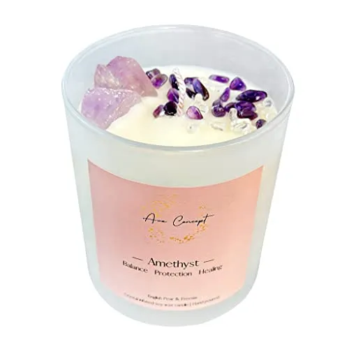 Healing Crystal Candle with Amethyst & Clear Quartz, English Pear & Freesia Scent, Aromatherapy