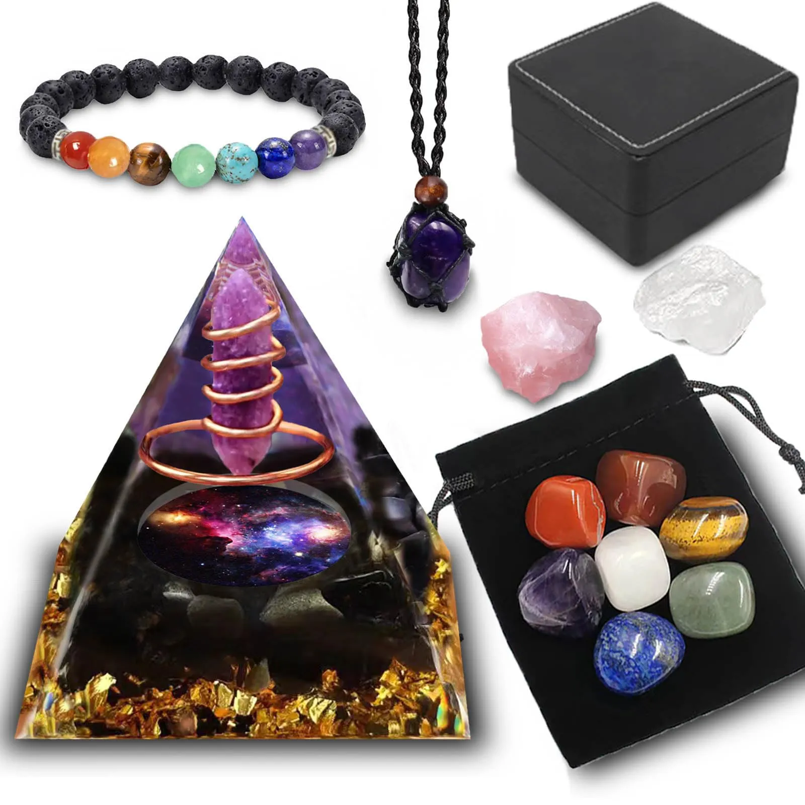 Healing Crystal Set with Obsidian & Amethyst Pyramid, 7 Tumbled Stones, Necklace & Bracelet