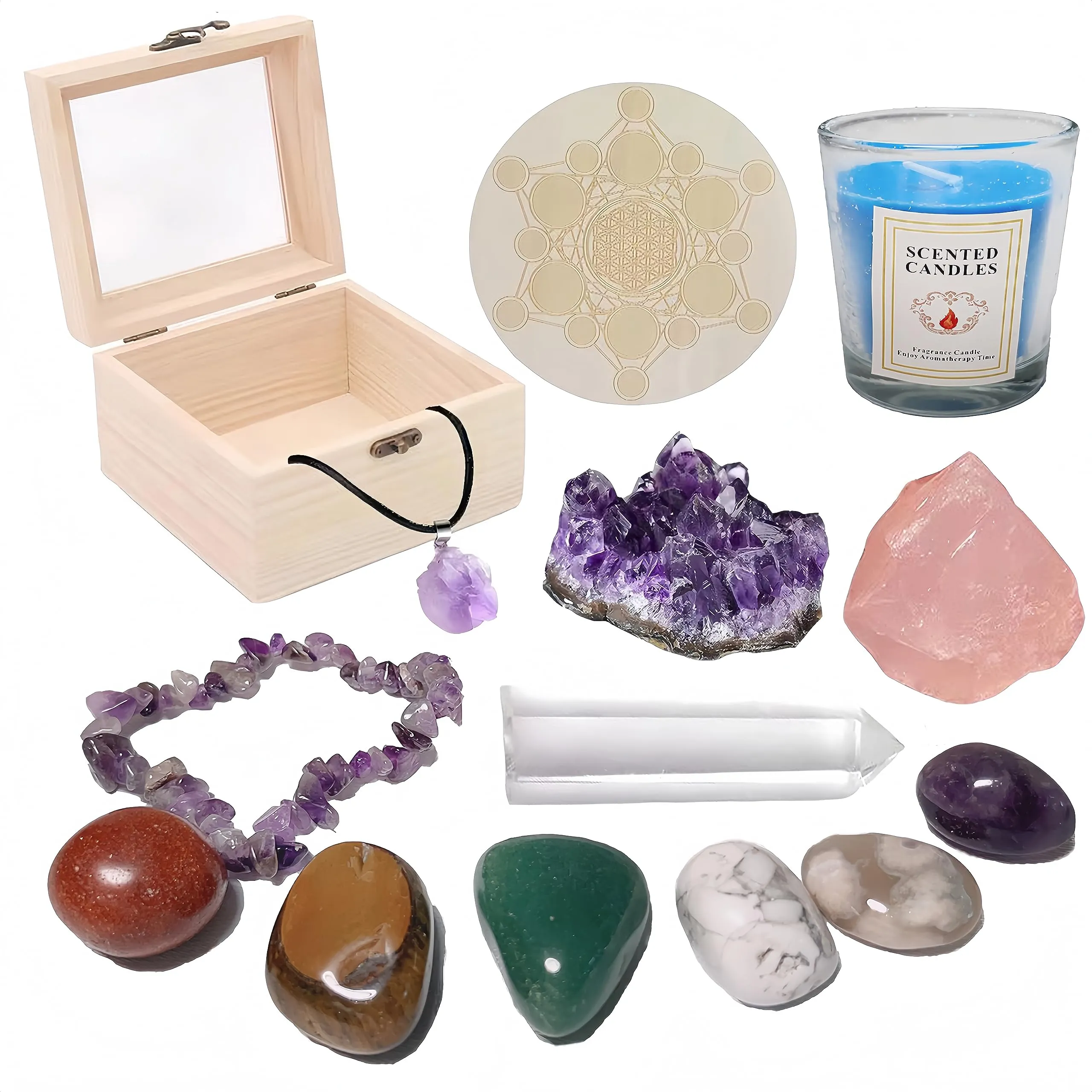 Healing Crystals and Stones Set with Chakra Gemstones, Candle, Necklace, Bracelet, Amethyst, Selenite