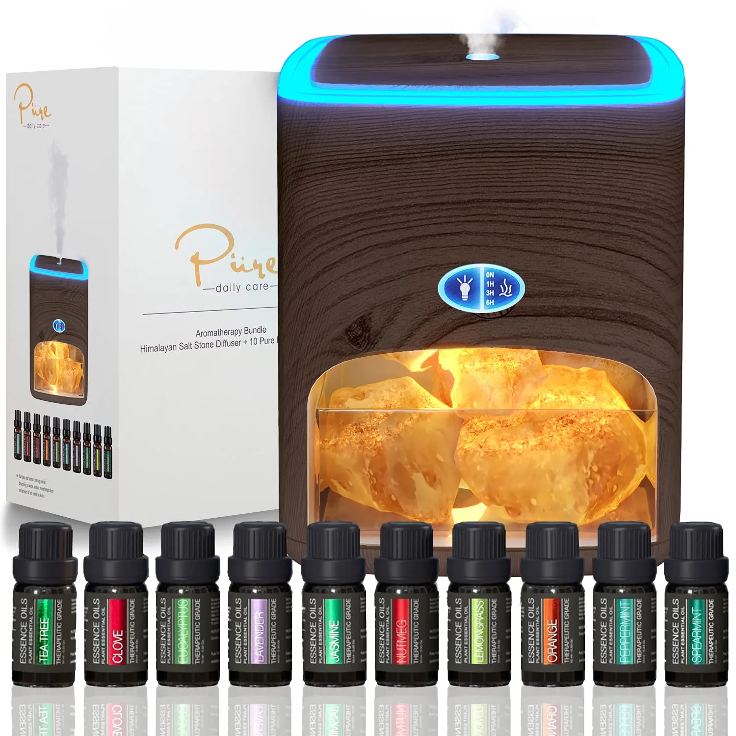 Himalayan Pink Salt Diffuser & 10 Essential Oils - Therapeutic Aromatherapy & Ionic Therapy Device