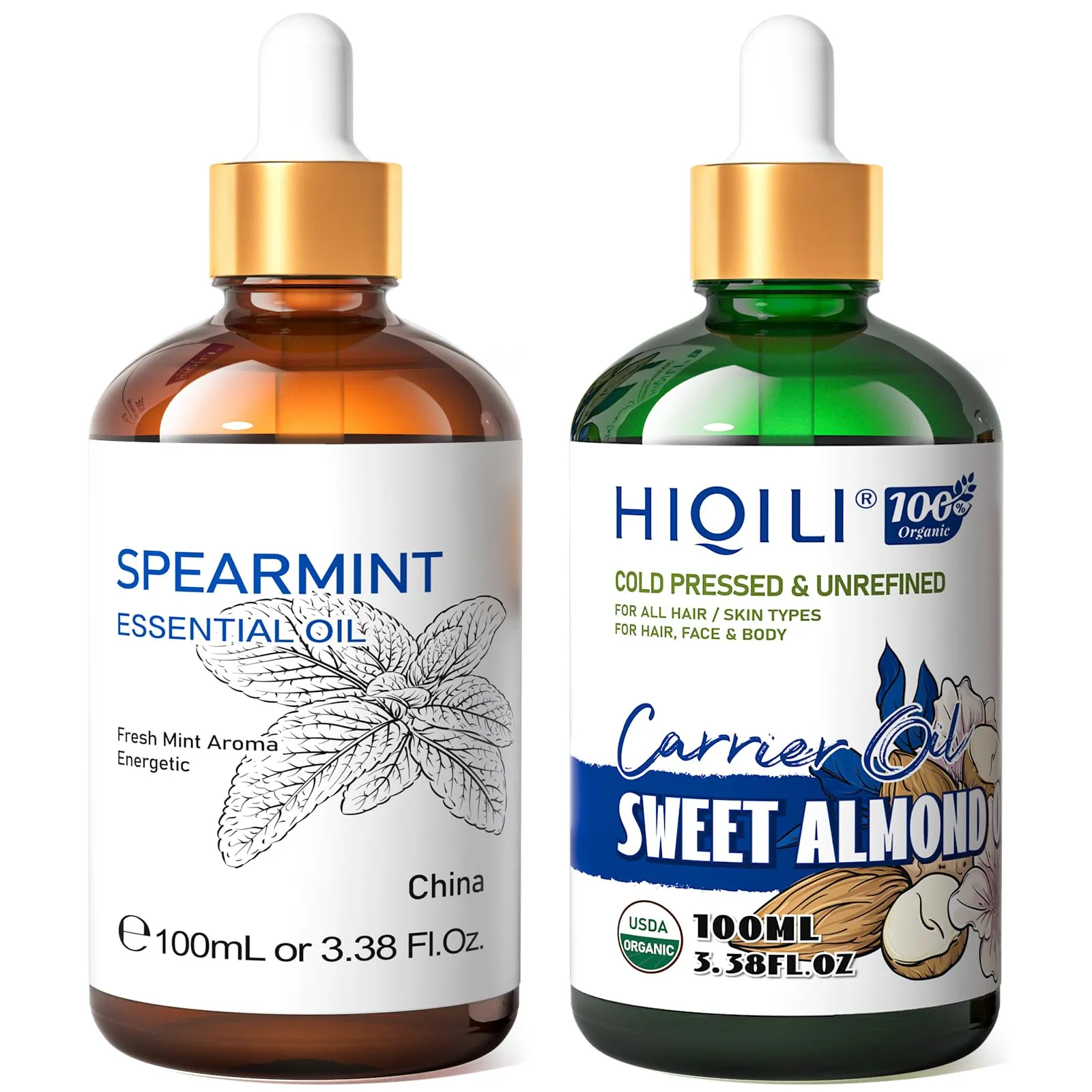 HIQILI Spearmint Oil & Sweet Almond Oil, 100% Pure Natural Aromatherapy, 3.38 Fl Oz