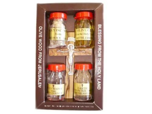 Holy Land Package: Olive Wood Cross, Olive Oil, Incense, Soil & Water Gift Set