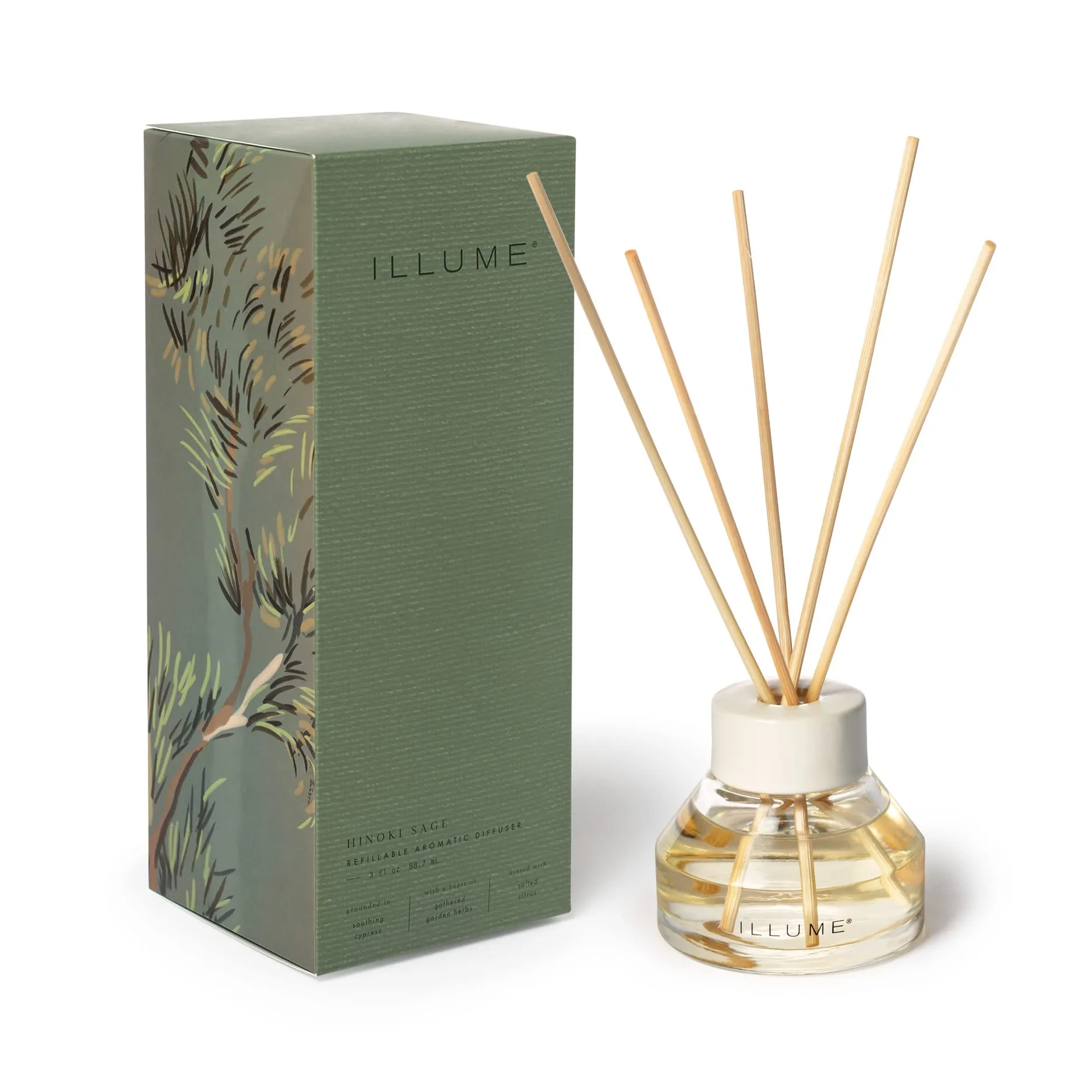 ILLUME Hinoki Sage Aromatic Diffuser - Alcohol-Free, Vegan, 3.5'x3.5'x9.5' - Soothing Cypress & Herbs