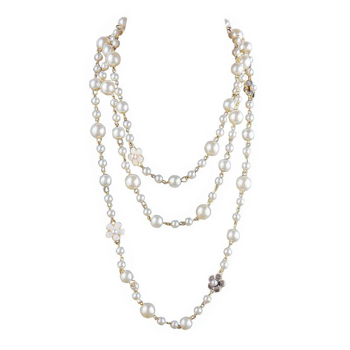 Imitation Pearl Necklace with Hollow Flowers - Layered Design, Aluminium-Alloy, Nickel Free