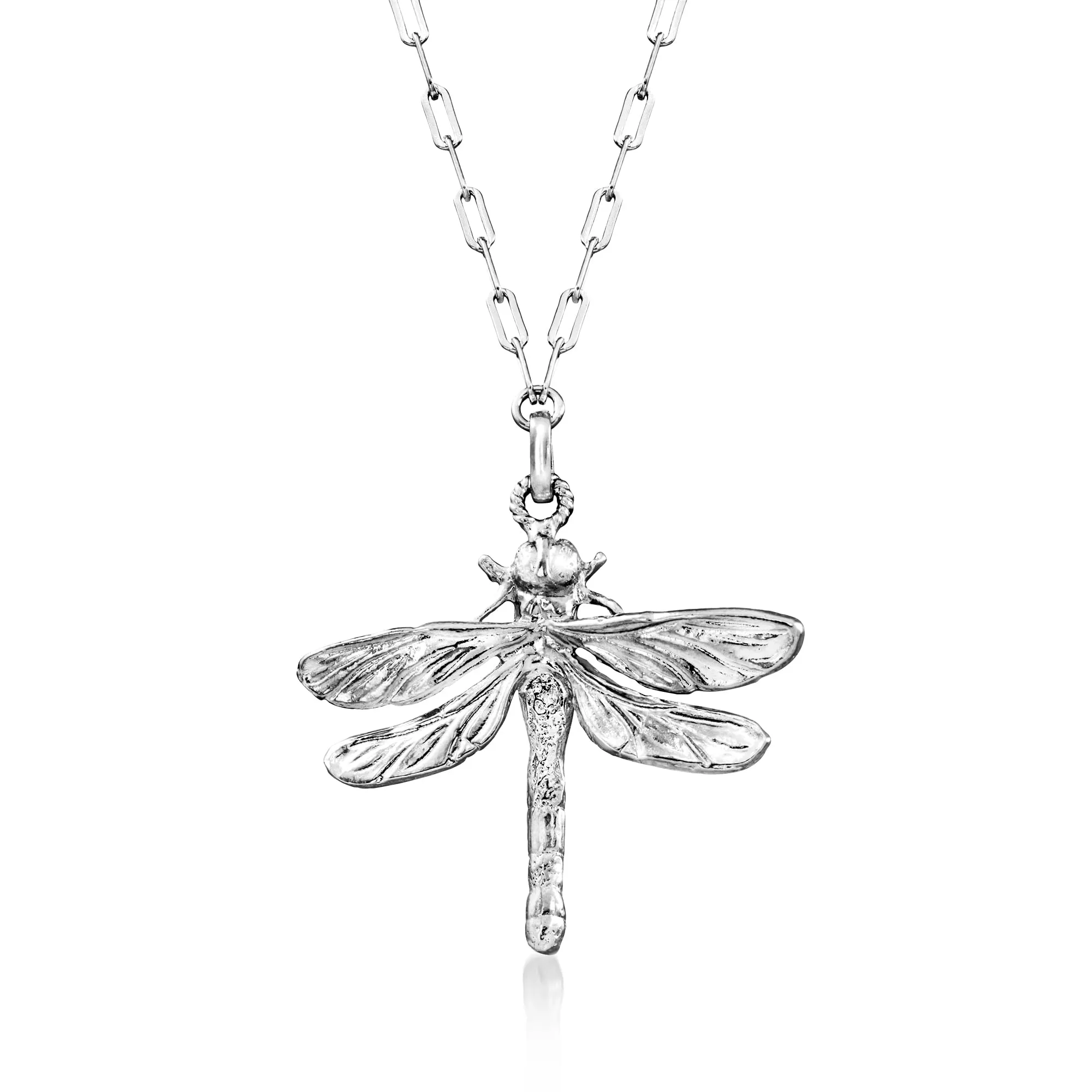 Italian Sterling Silver Dragonfly Necklace 18' - Textured & Polished with Lobster Clasp Security