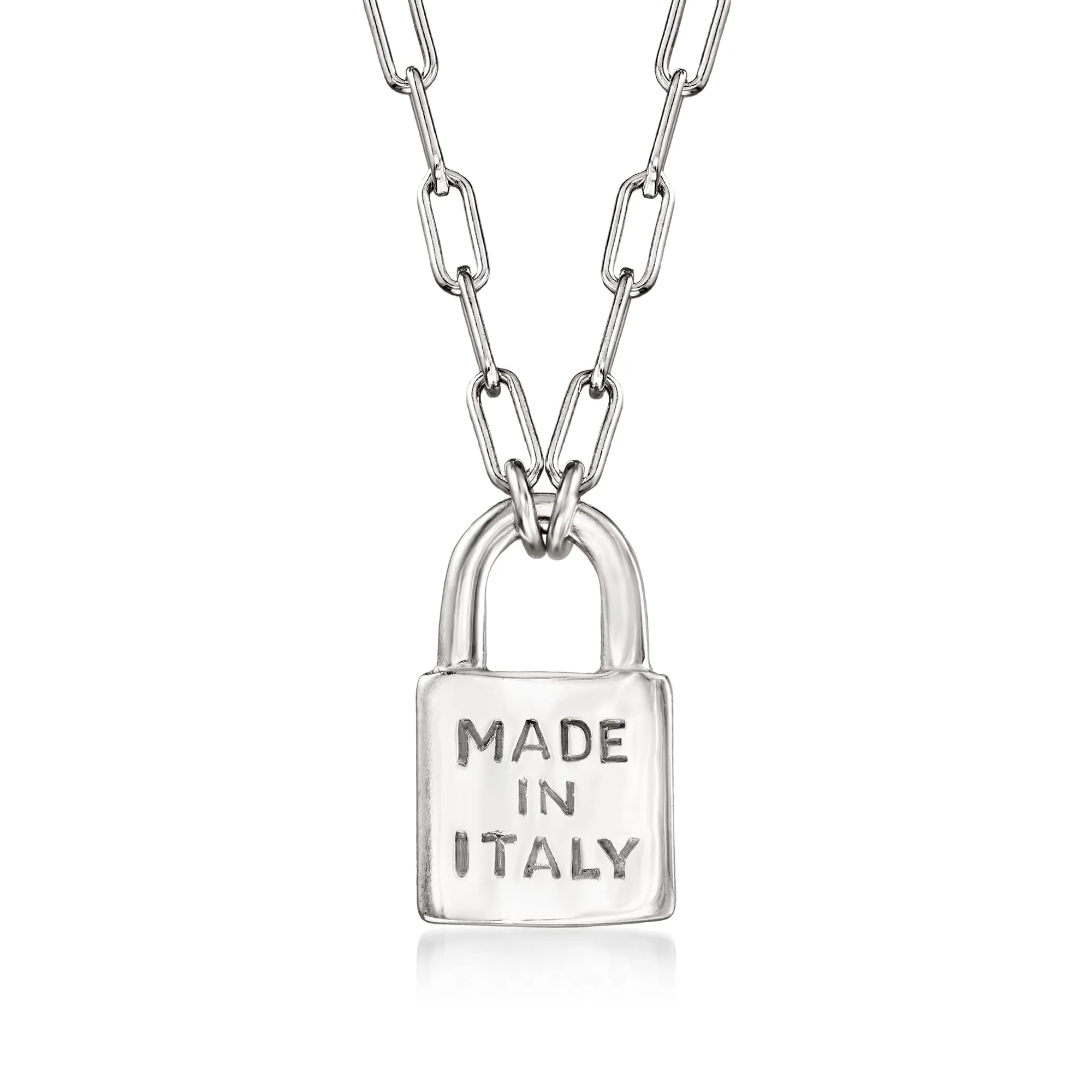 Italian Sterling Silver Lock Paper Clip Link Necklace with 'Made in Italy' Engraving