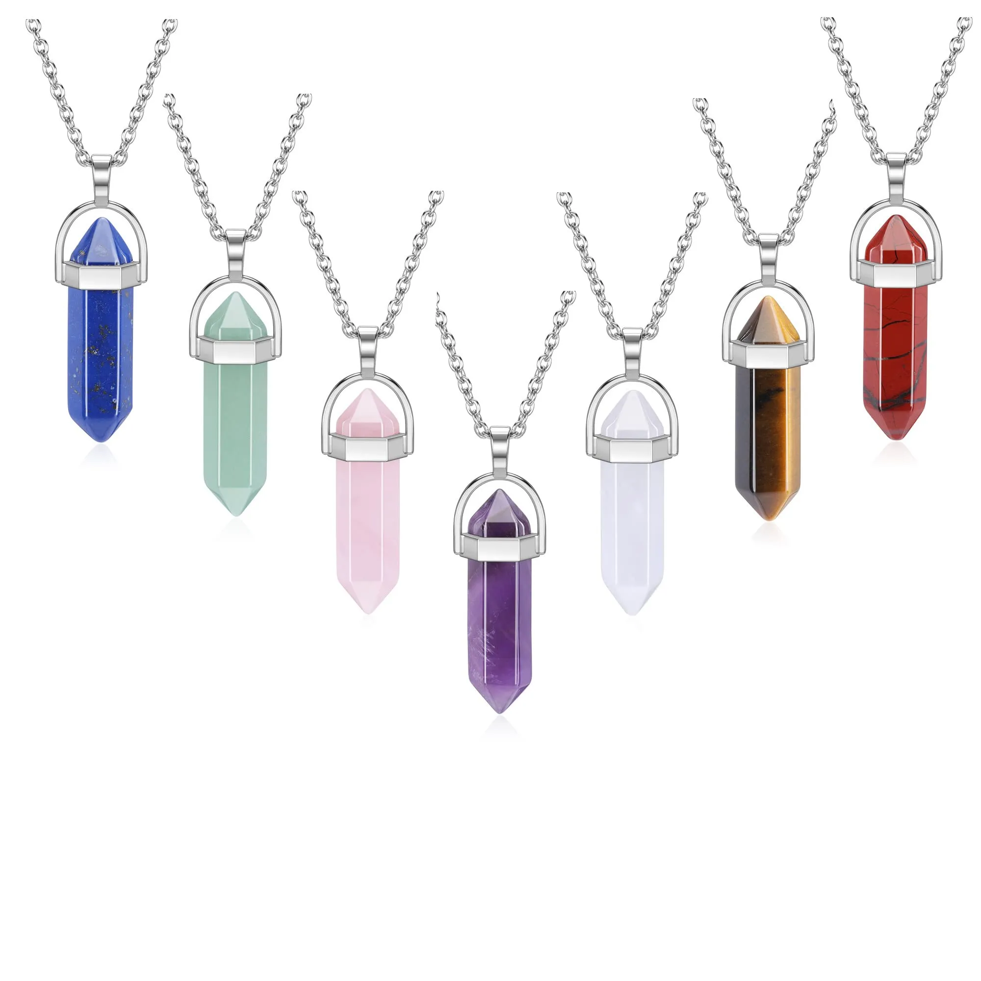 Jovivi 7 Pcs Healing Crystal Necklaces with Hexagonal Pendant & 24' Stainless Steel Chain