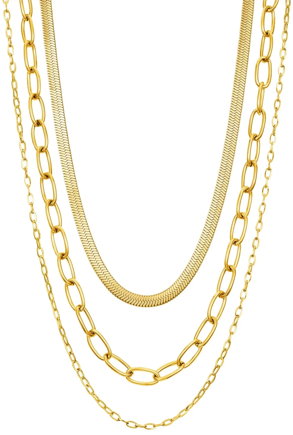 Layered Chain Necklace - 14k Gold Herringbone & Rope Chains - Tarnish Resistant & Adjustable