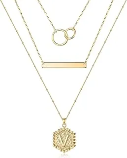 Layered Initial Necklaces 14K Gold Plated Dainty Hexagon Letter Pendant & Infinity Circles