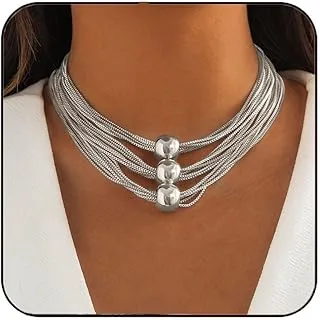 Layered Silver Tassel Statement Necklace with Geometric Sphere for Women