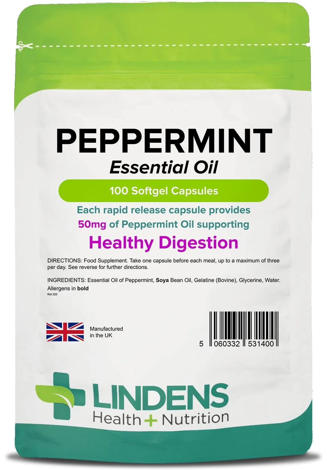 Lindens Peppermint Essential Oil Double Pack 200 Capsules 50mg Softgel, Rapid Release