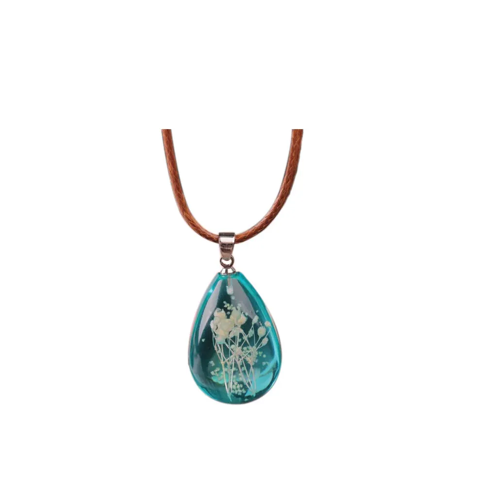 Luminous Dried Flower Teardrop Pendant Necklace - Handmade Natural Gypsophila Glass Charm Jewelry