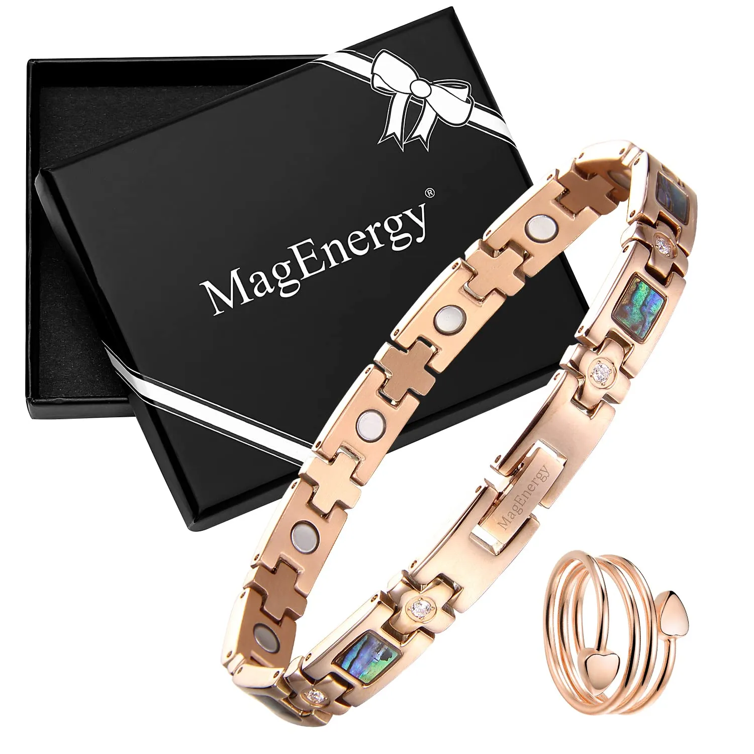 MagEnergy Titanium Steel Bracelet & Copper Ring with 3500Gauss Magnets for Women, Adjustable