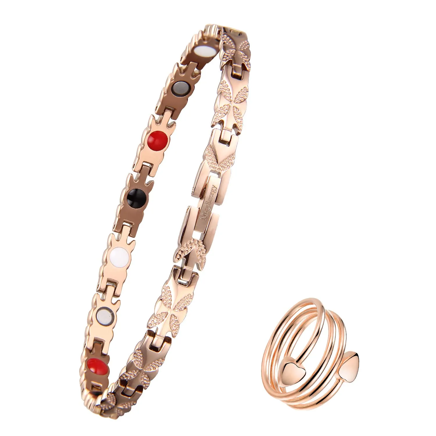 MagEnergy Titanium Steel Magnetic Bracelet 8.2' Adjustable with Four Elements & Copper Ring