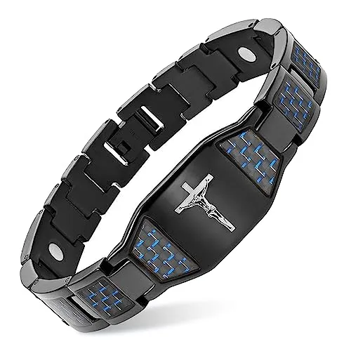 MagVIVACE Men's Christian Cross Bracelet, 8.3-inch Stainless Steel with Carbon Fiber & Magnets