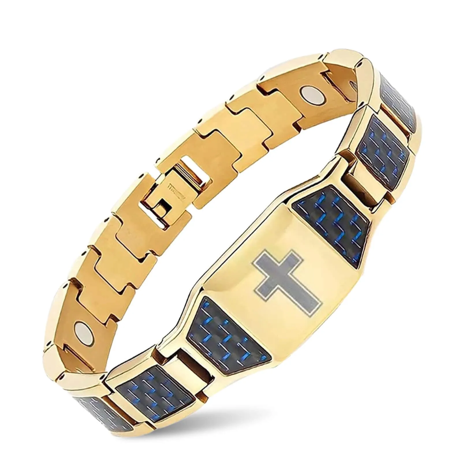 MagVIVACE Men's Magnetic Bracelet for Arthritis, Christian Cross Design, Carbon Fiber & Steel