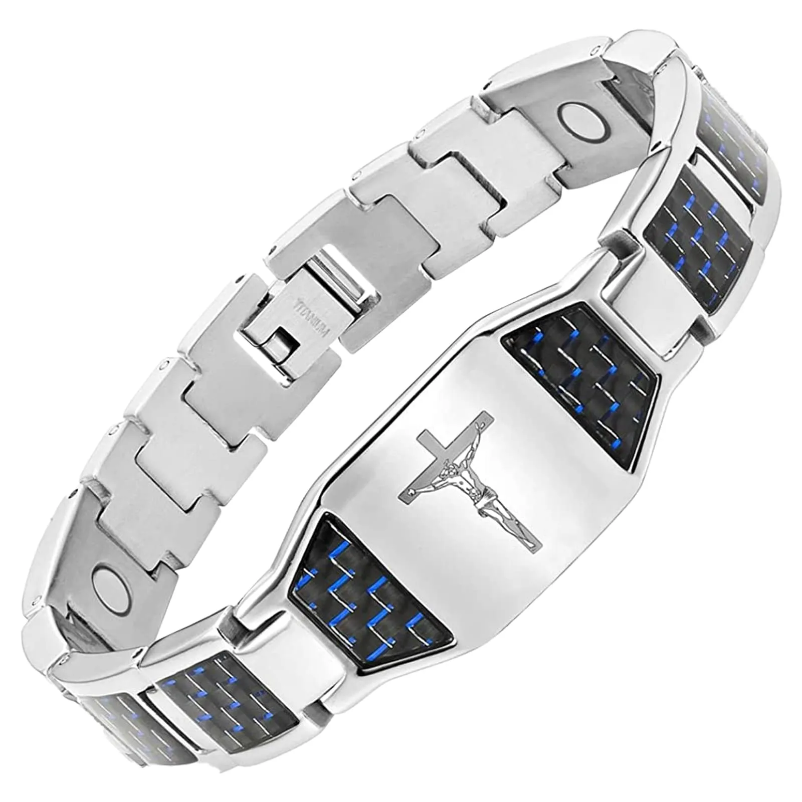 MagVIVACE Men's Magnetic Bracelet with Christian Cross, Silver, Carbon Fiber & Stainless Steel