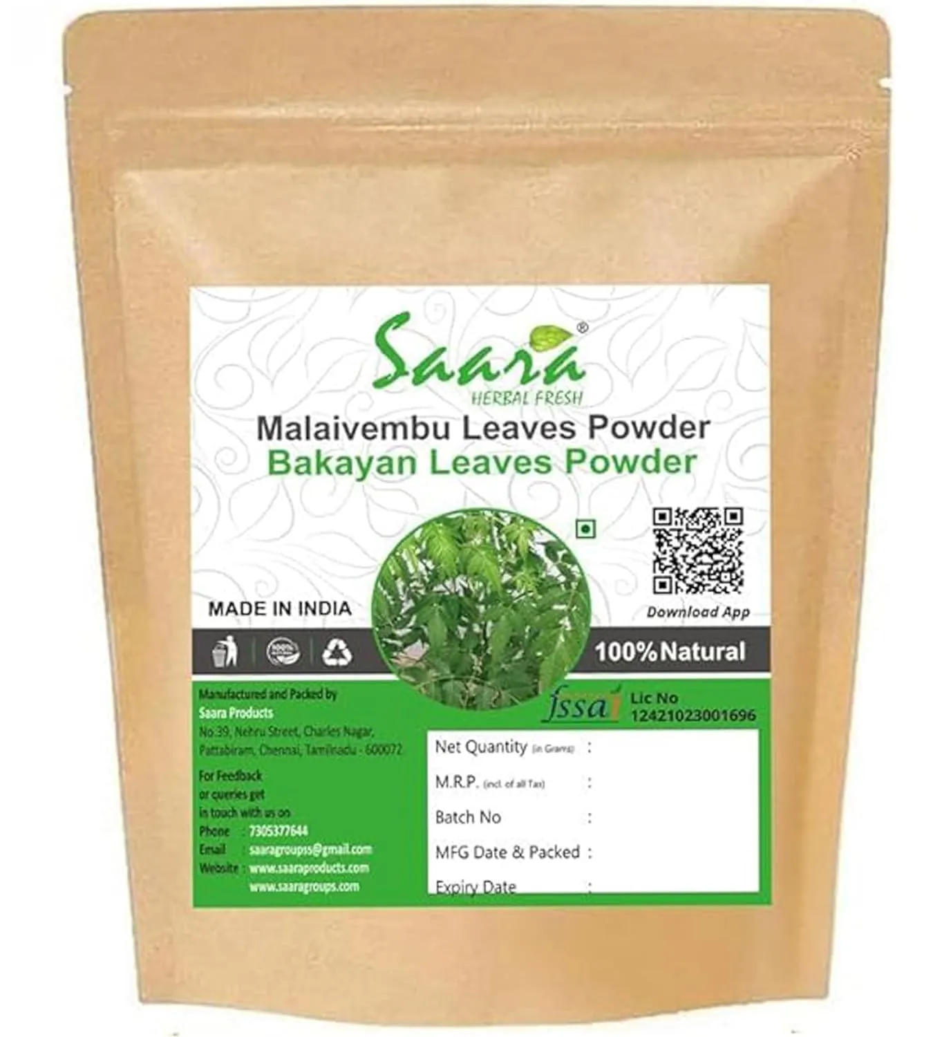 Malaivembu Leaves Powder 100g - Bakayan, Chinaberry, Melia Azedarach, Health Benefits, Skin Care