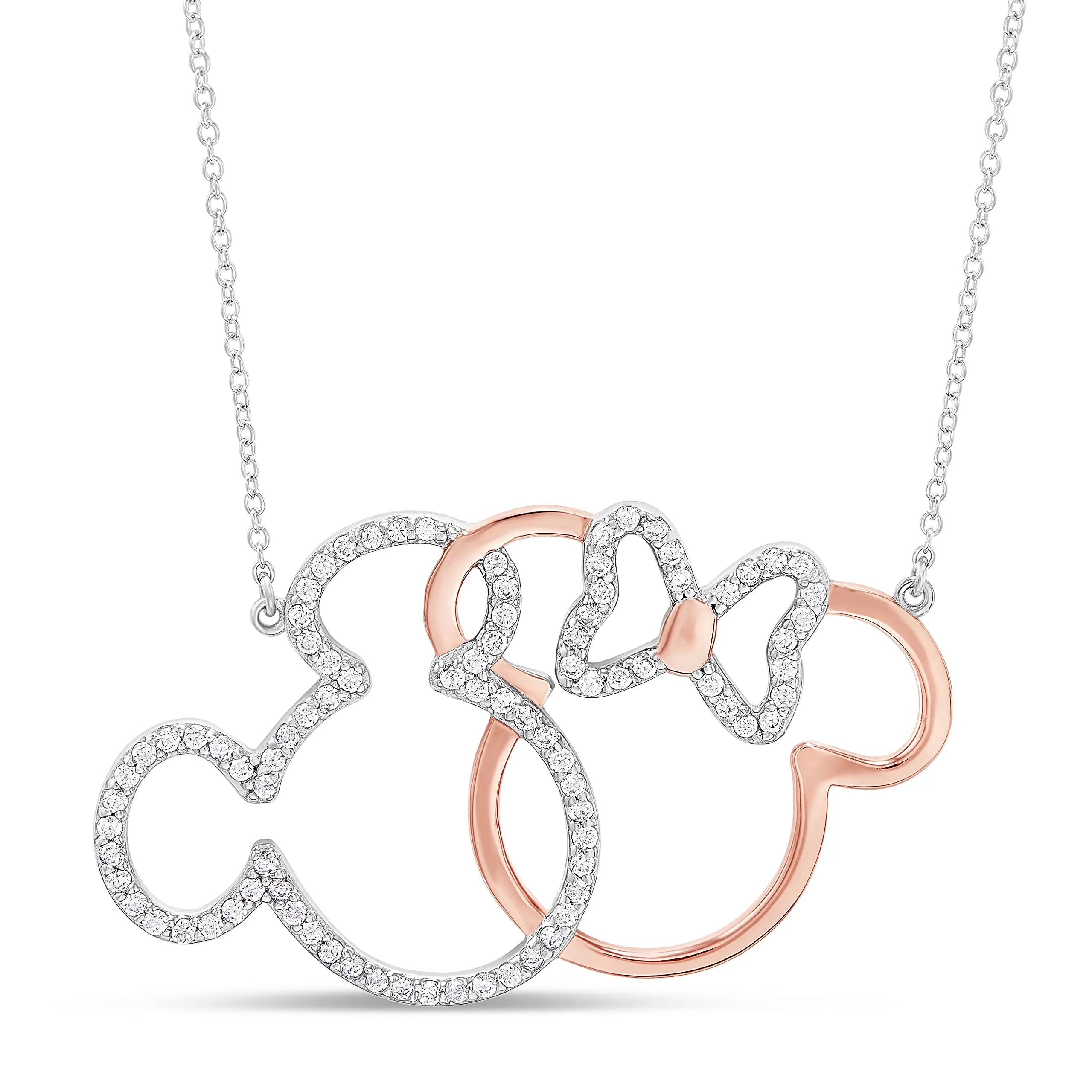 Mickey & Minnie Mouse Sterling Silver Interlocking Necklace 18' with Cubic Zirconia & Rose Gold