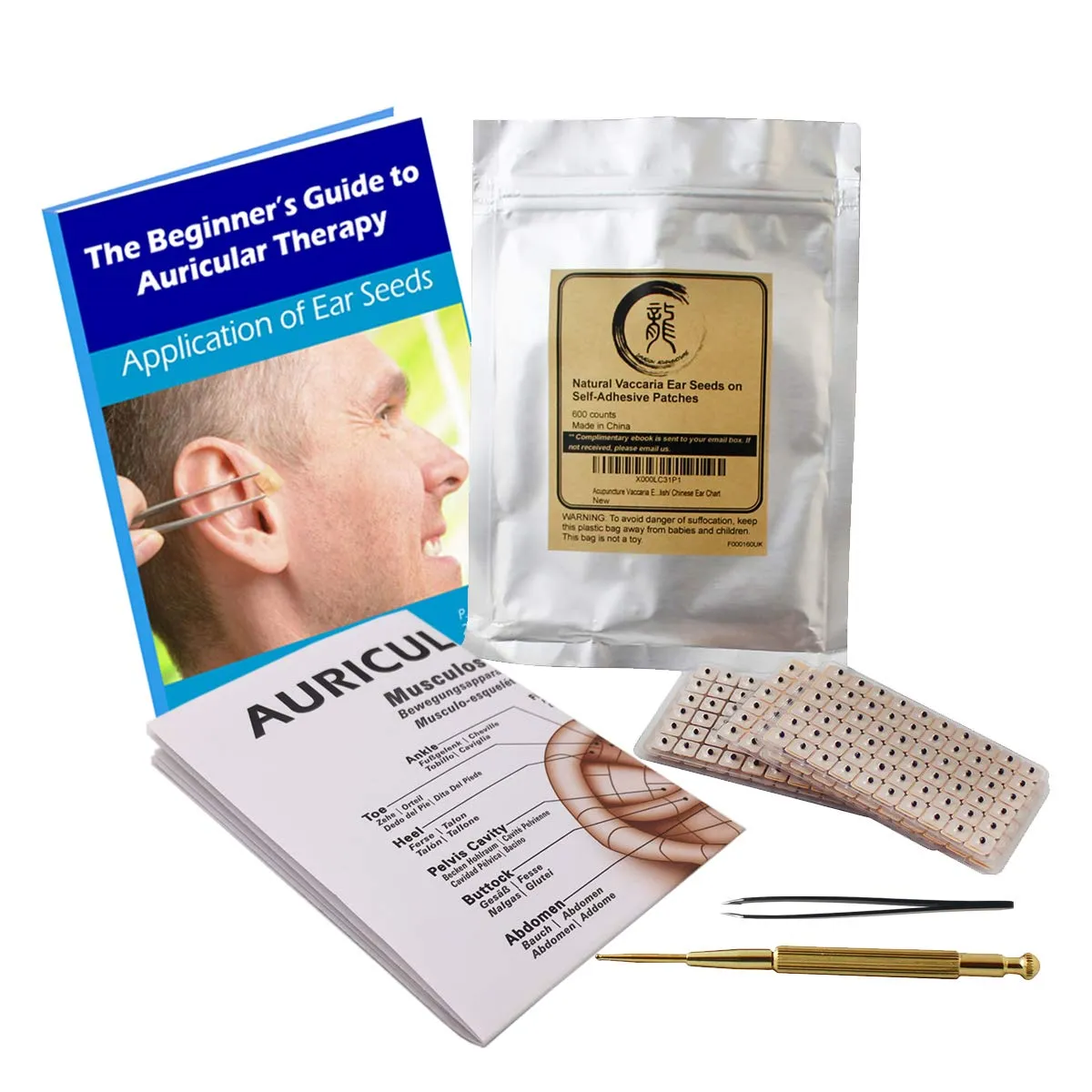 Multi-Condition Ear Seeds Acupuncture Kit 600 Counts with eBook, Probe, Chart & Tweezers