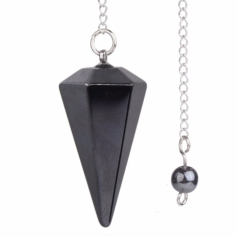 Natural Hematite Gemstone Hexagonal Pointed Reiki Chakra Pendulum - 1.5' Tall, 6.5' Chain