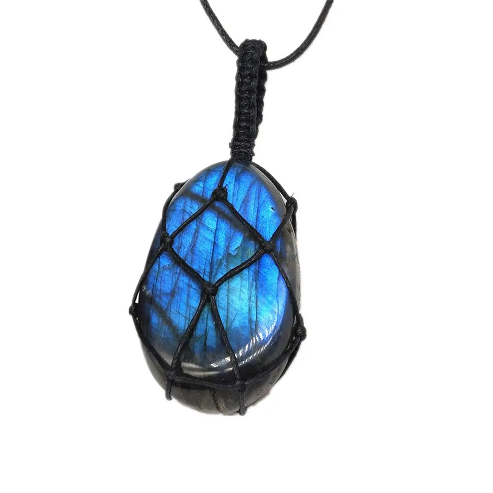 Natural Labradorite Crystal Necklace with Hand-Woven Rope, Unique Healing Pendant, Adjustable