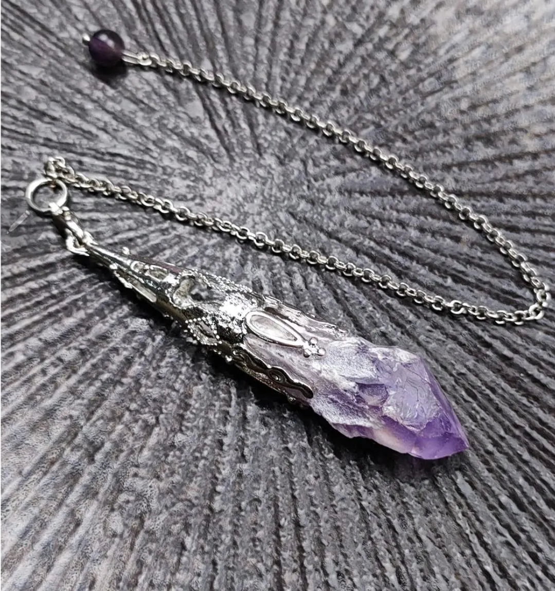 Natural Raw Amethyst Crystal Pendulum Necklace for Energy Healing and Meditation