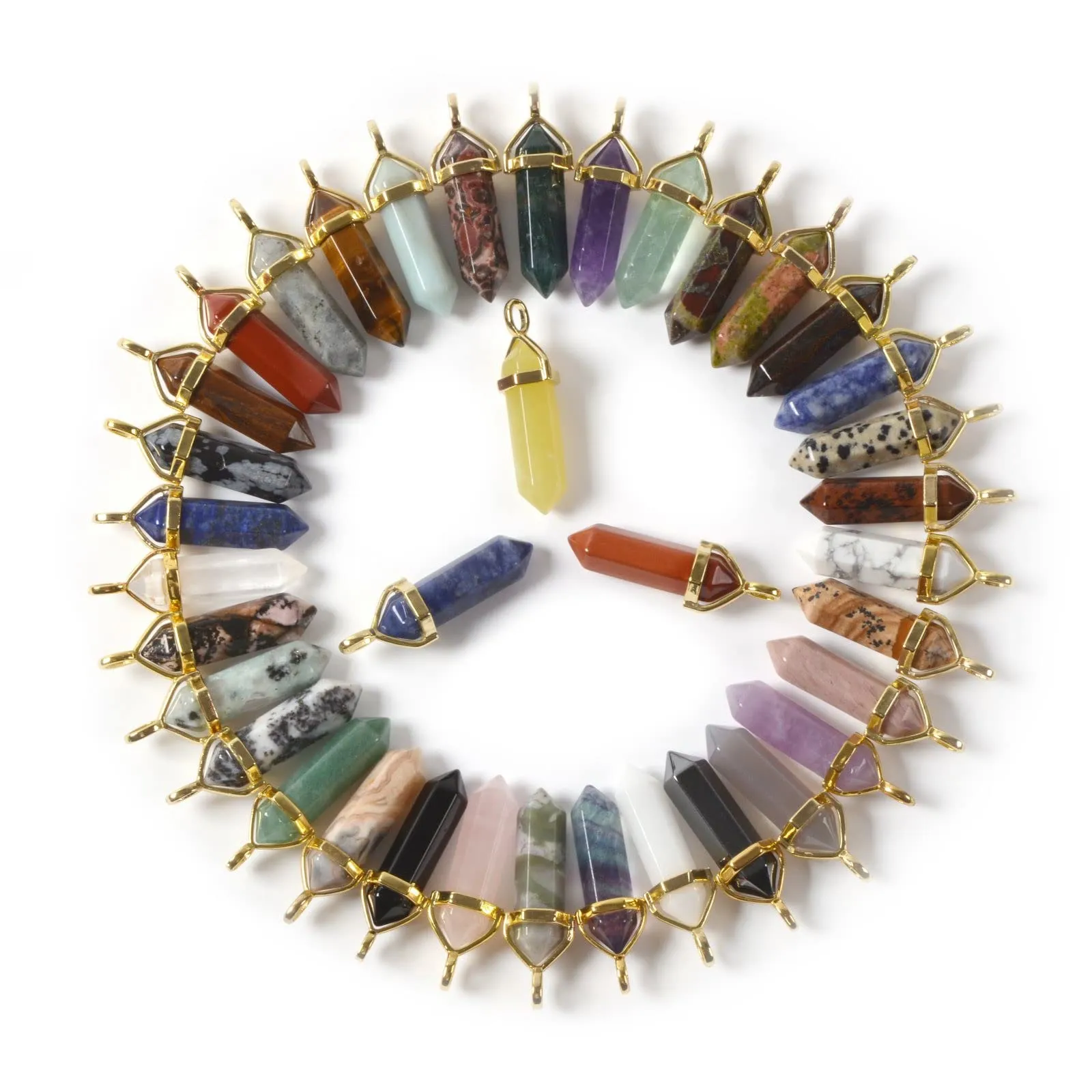 Natural Semi-Precious Gemstone Hexagonal Point Chakra Pendant - 12pcs Mixed Healing Crystals