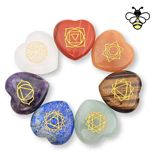 NatureWonders Heart-Shaped 7 Chakra Stone Set with Engraved Symbols - Natural Healing Crystals