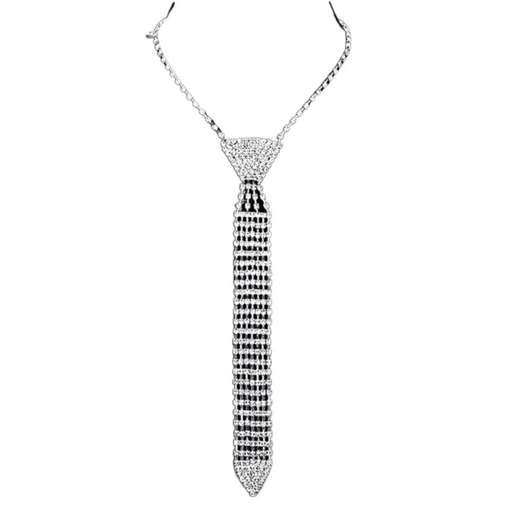 Necktie Necklace Jewelry Rhinestone Flash Bead Chain Silver Alloy Adjustable Tassel Design