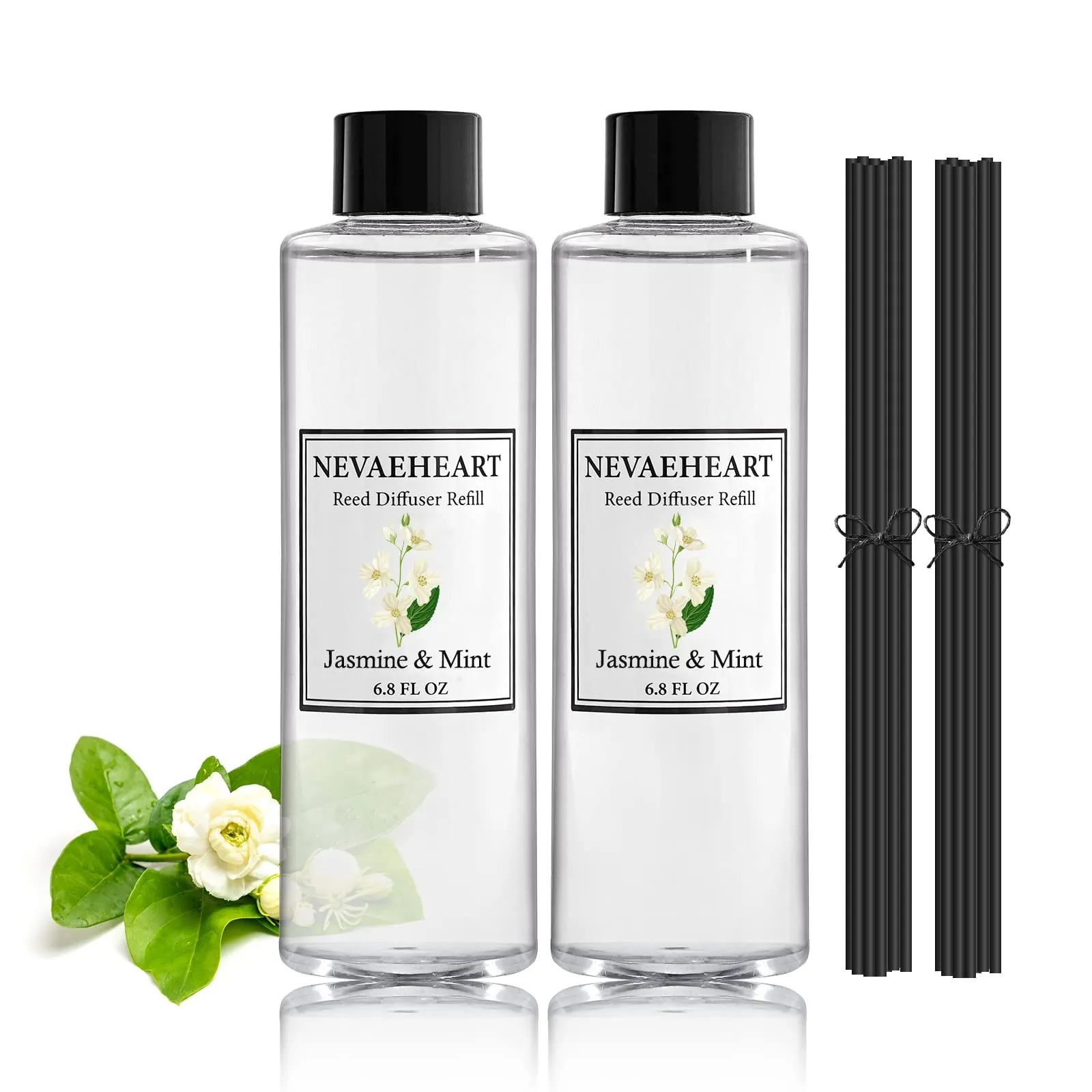 NEVAEHEART Reed Diffuser Refill, Jasmine & Mint 2-Pack, 6.8 Oz, Long-Lasting Home Fragrance