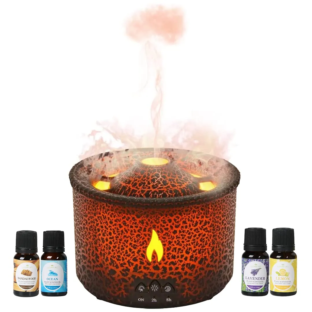 OLINLIFE Volcano Diffuser 360ML with Flame & Volcano Modes, 4 Essential Oils, Timer, Auto-Off